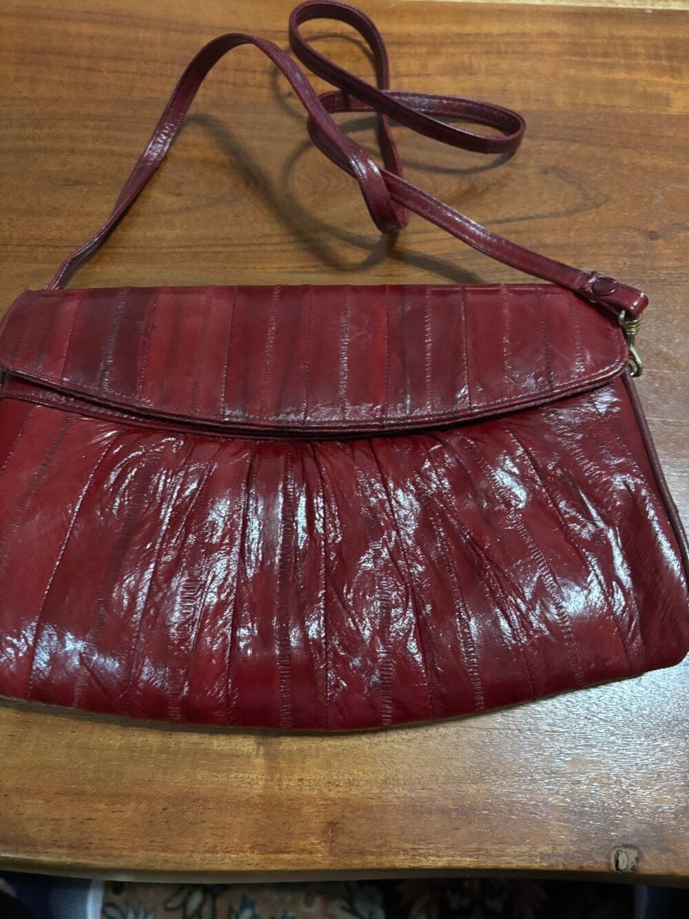 Vintage Marroon Eel Skin Shoulder Bag Purse with Suede Interior